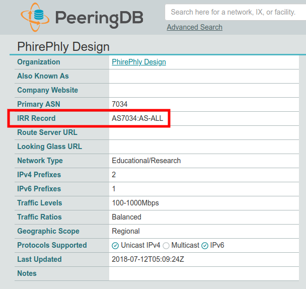 Example PeeringDB Profile with IRR Record